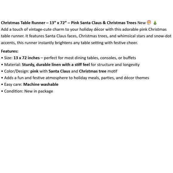 Christmas Table Runner 13” x 72” Pink Santa Claus & Christmas Trees New🎅🎄 - Picture 2 of 4